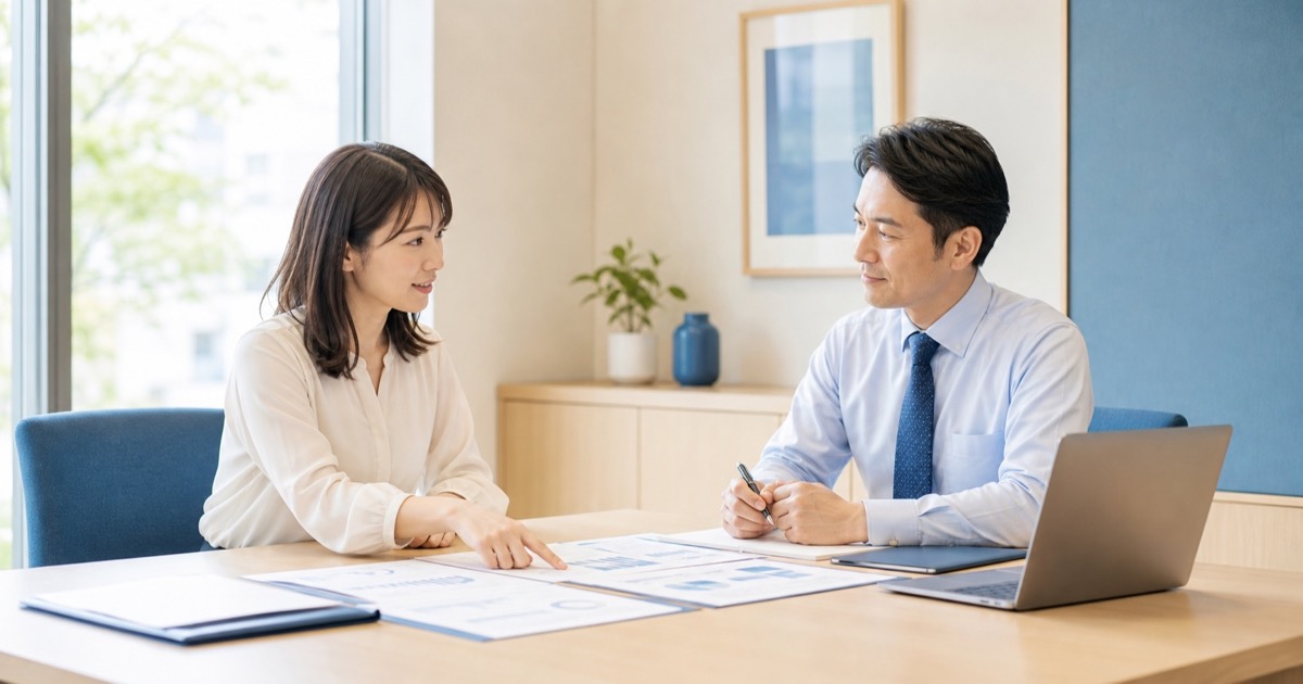 上司と部下が個別面談で業務改善案を確認している様子