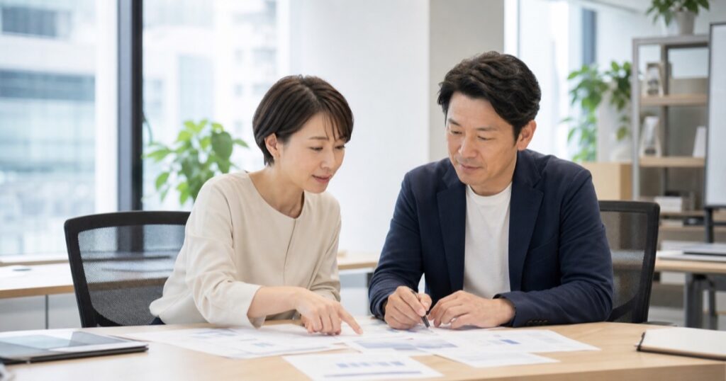 資料を見ながら業務の論点を確認する同僚