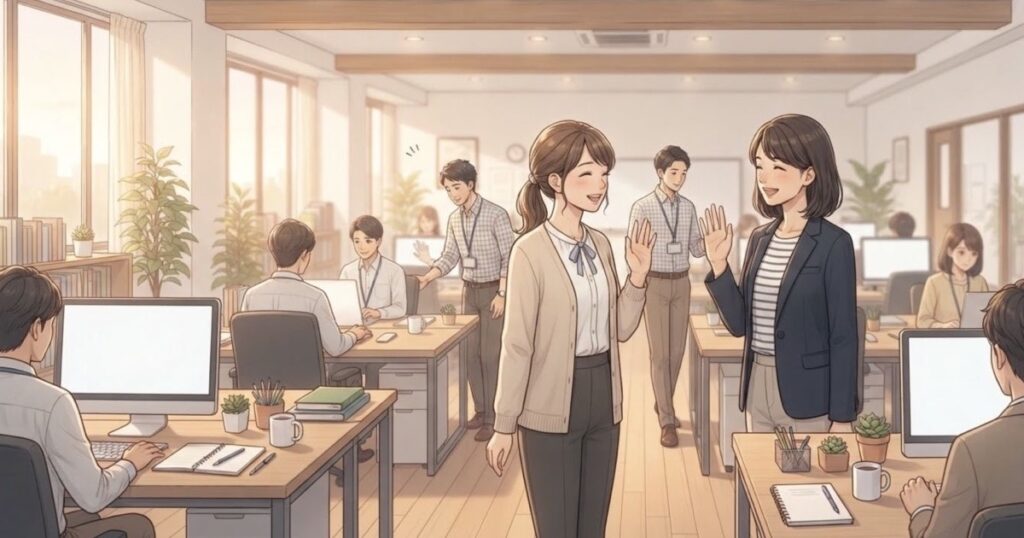 朝のオフィスで自然に挨拶を交わす社員
