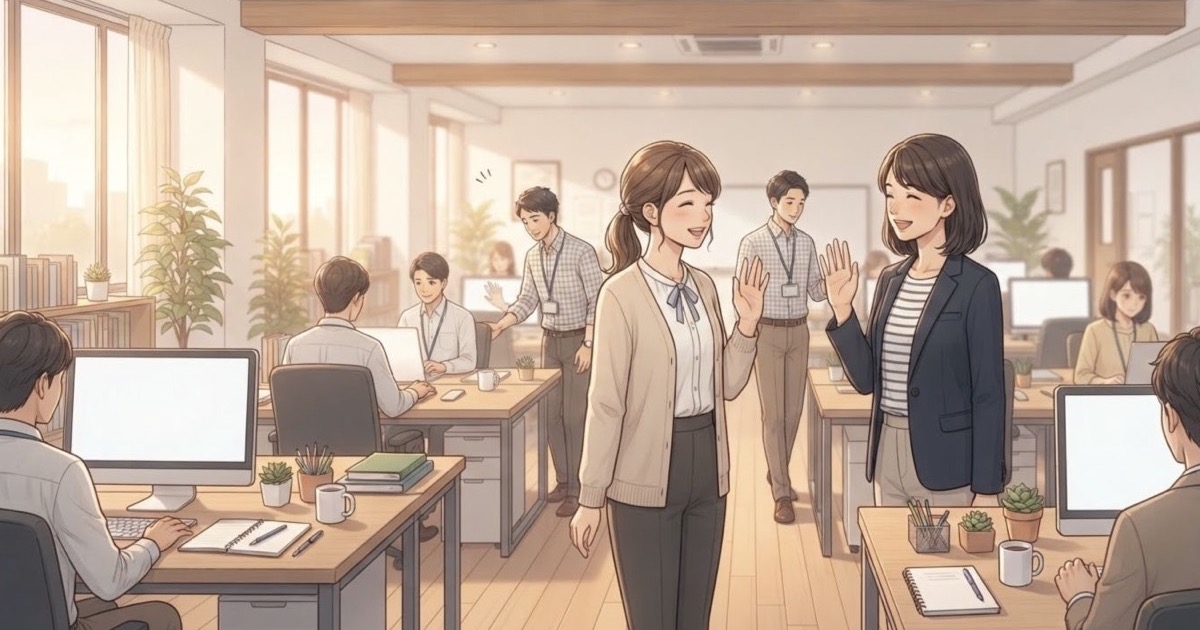 朝のオフィスで自然に挨拶を交わす社員