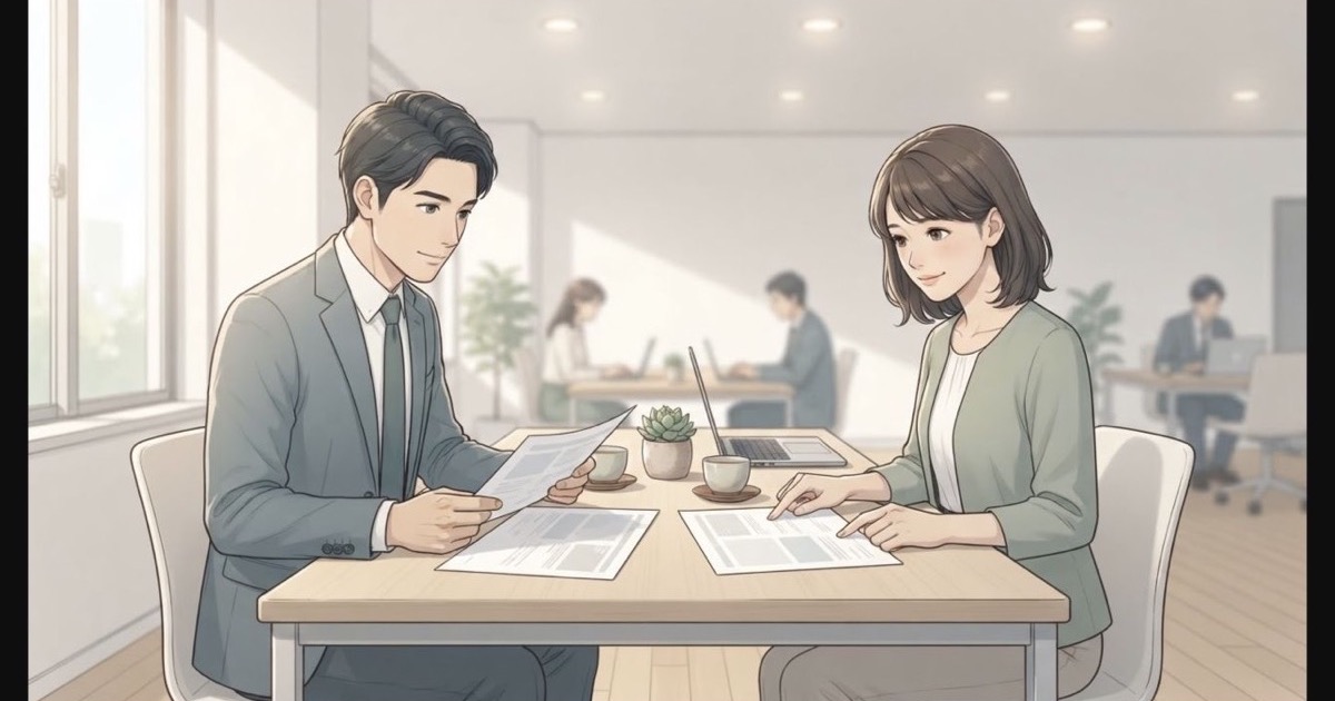 資料を確認し誤解を解くために対話する社員