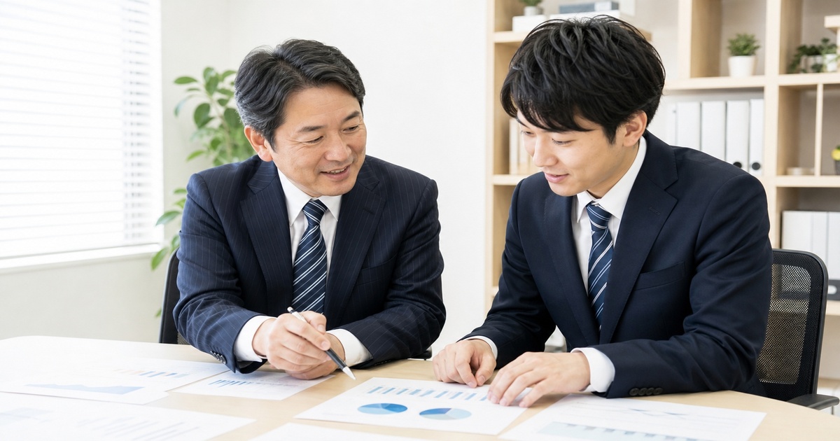 会議室で資料を見ながらフィードバックする上司と部下