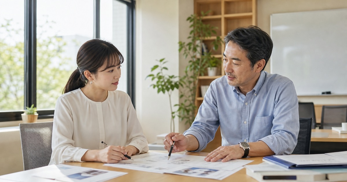 若手と経験者が資料を確認しながら協力する社員
