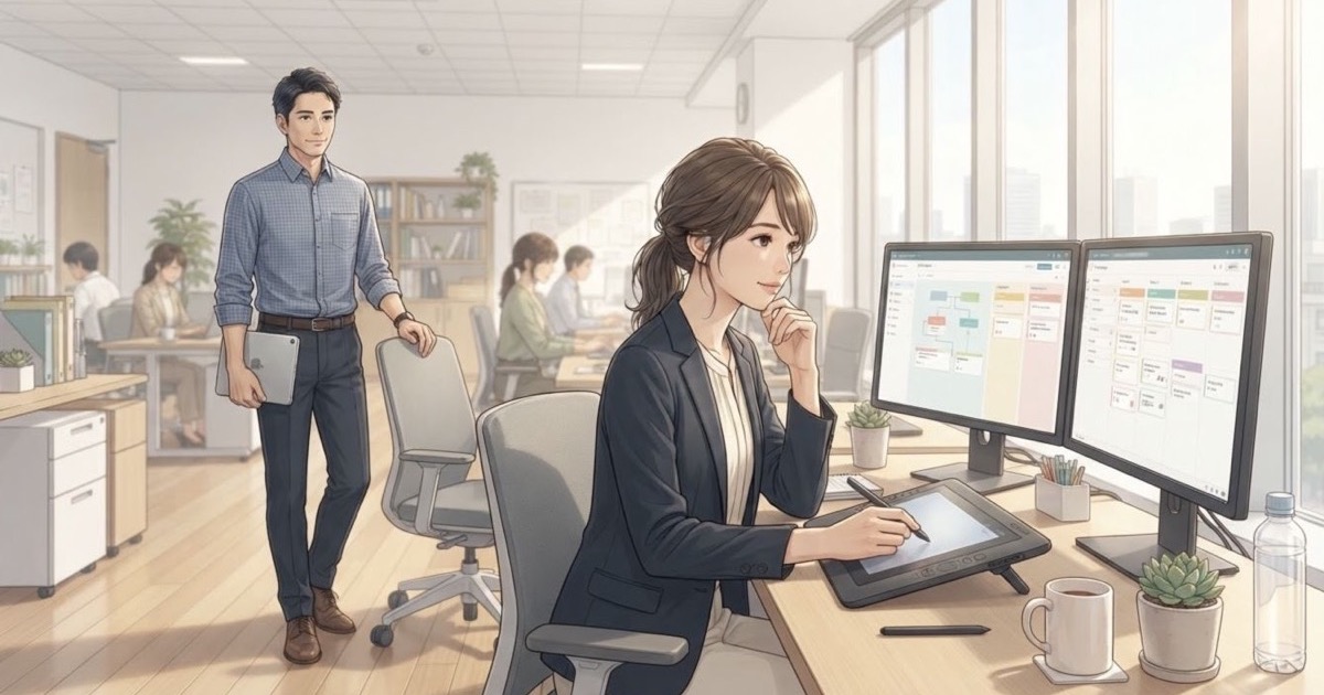 業務画面を確認しながら適度な距離で支援を受ける社員