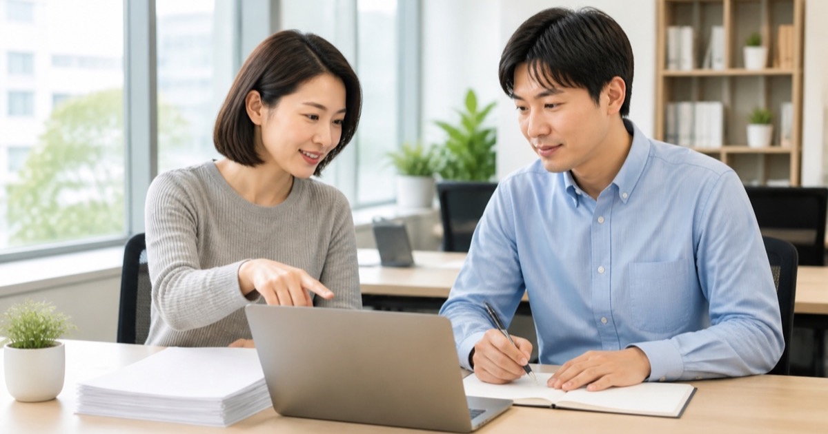 職場で仕事の引き継ぎを確認する二人の社員
