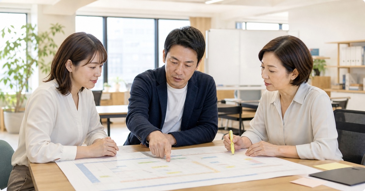 チームで役割分担と業務の進め方を確認する社員
