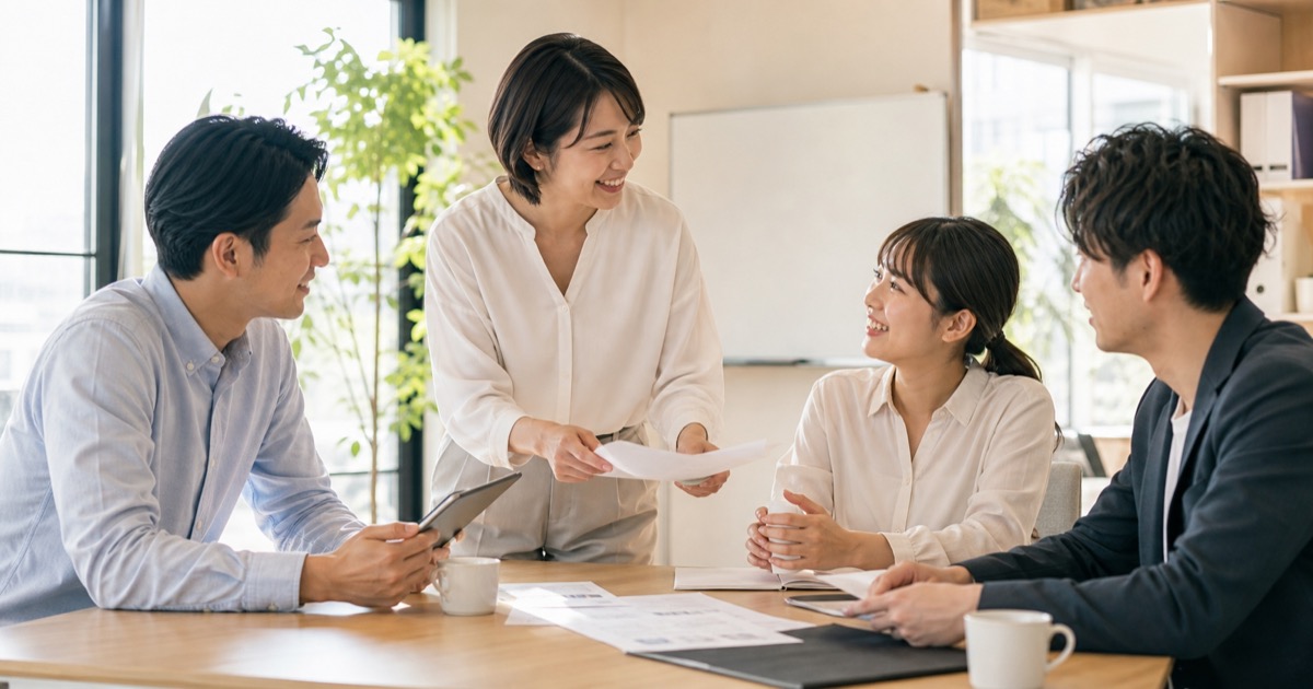 同僚と必要な情報共有を行う社員